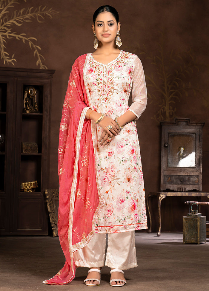 3 Pc Cream Unstitched Silk Suit Set - Indian Silk House Agencies