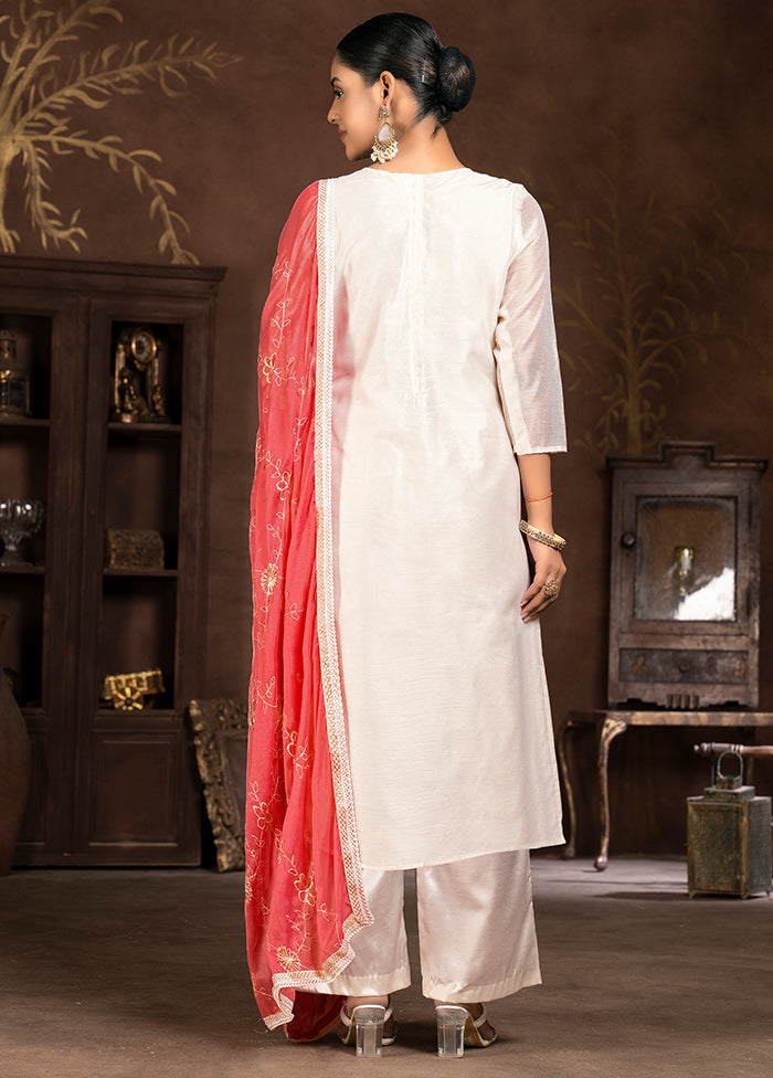 3 Pc Cream Unstitched Silk Suit Set - Indian Silk House Agencies