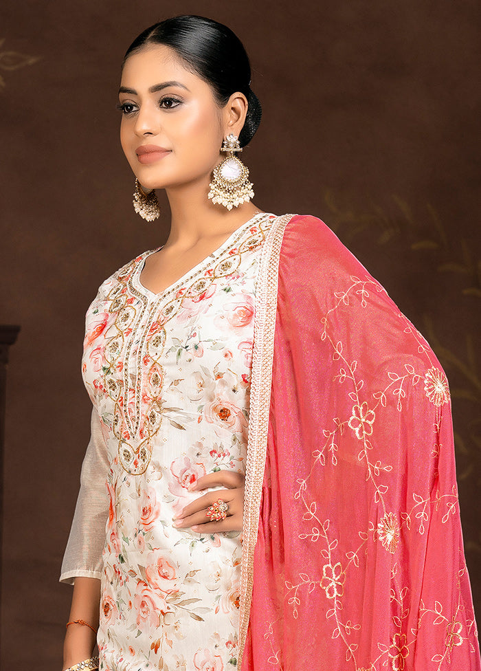 3 Pc Cream Unstitched Silk Suit Set - Indian Silk House Agencies