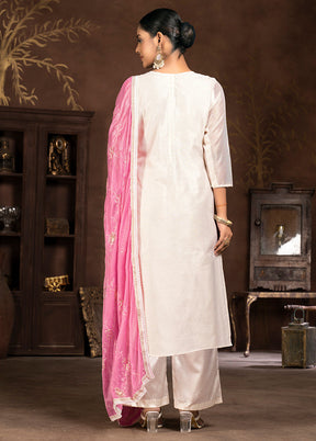 3 Pc Cream Unstitched Silk Suit Set - Indian Silk House Agencies