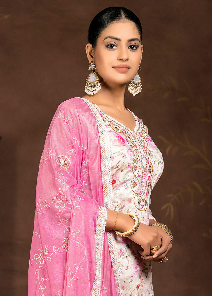 3 Pc Cream Unstitched Silk Suit Set - Indian Silk House Agencies