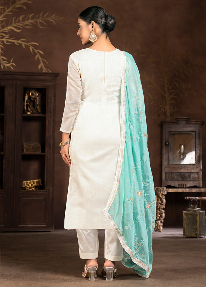 3 Pc Cream Unstitched Silk Suit Set - Indian Silk House Agencies