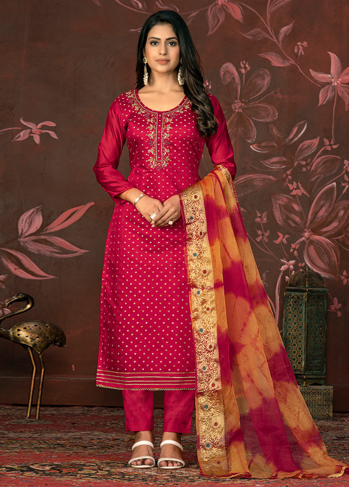 3 Pc Pink Unstitched Silk Suit Set - Indian Silk House Agencies