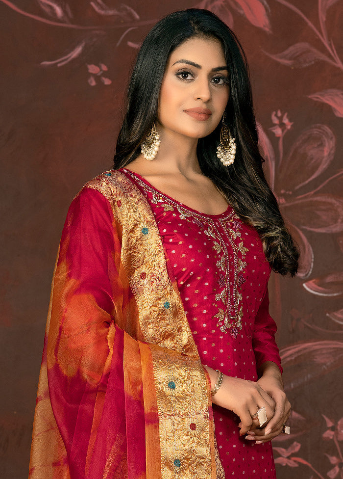 3 Pc Pink Unstitched Silk Suit Set - Indian Silk House Agencies