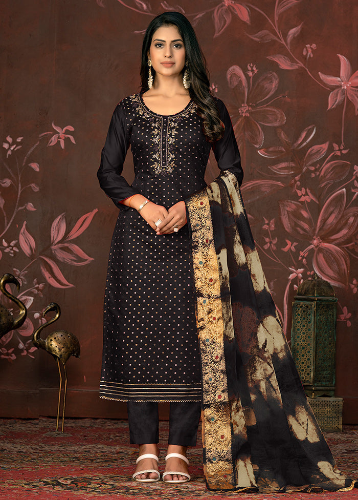 3 Pc Black Unstitched Silk Suit Set - Indian Silk House Agencies