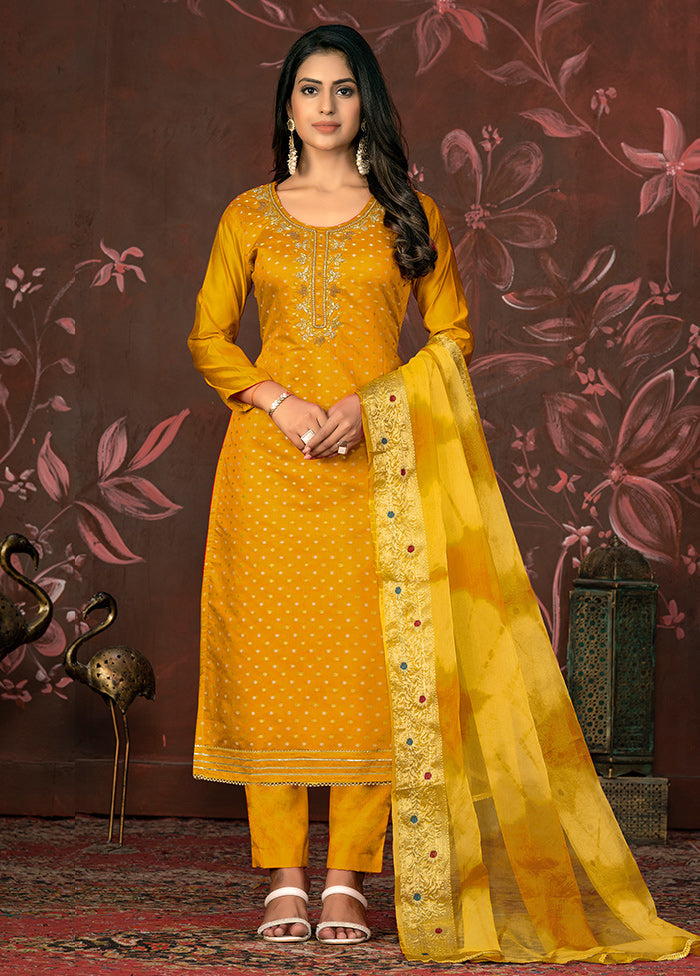 3 Pc Yellow Unstitched Silk Suit Set - Indian Silk House Agencies