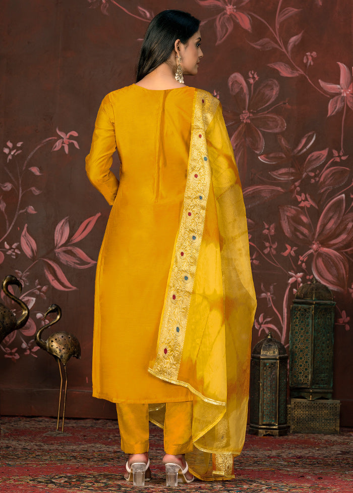 3 Pc Yellow Unstitched Silk Suit Set - Indian Silk House Agencies