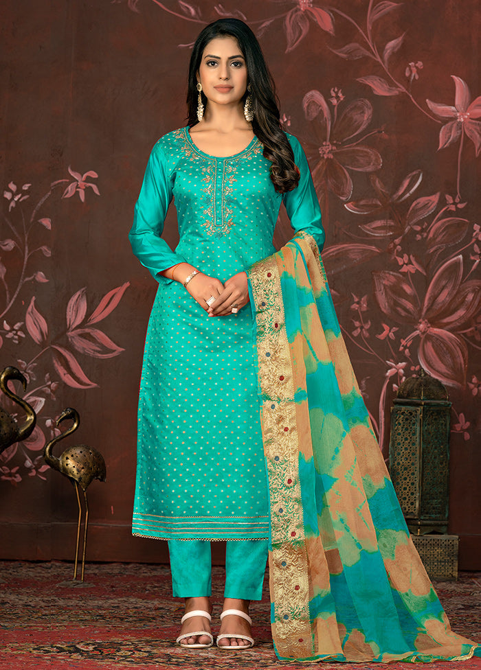 3 Pc Blue Unstitched Silk Suit Set - Indian Silk House Agencies