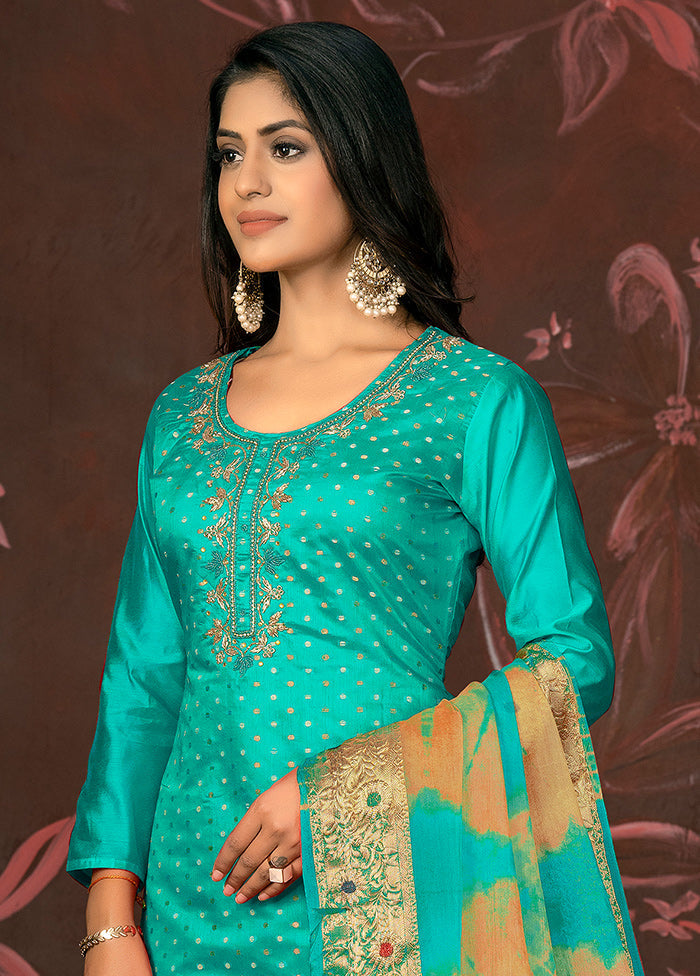 3 Pc Blue Unstitched Silk Suit Set - Indian Silk House Agencies