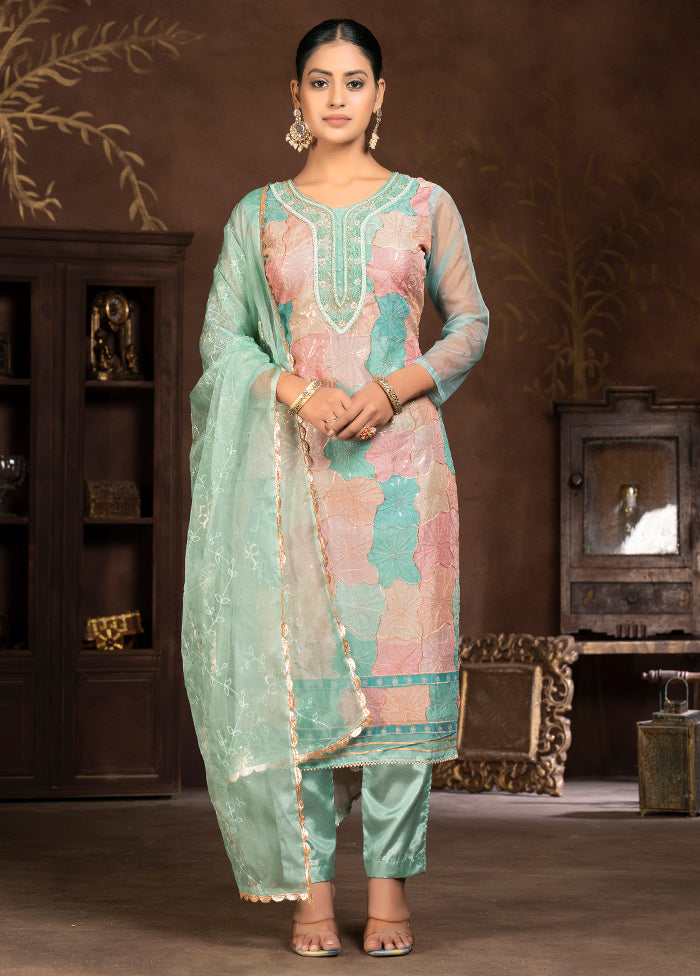 3 Pc Blue Unstitched Net Suit Set - Indian Silk House Agencies