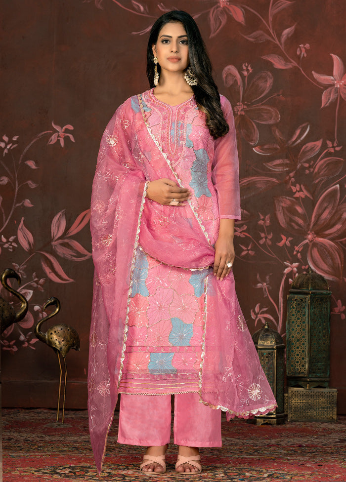 3 Pc Pink Unstitched Net Suit Set - Indian Silk House Agencies