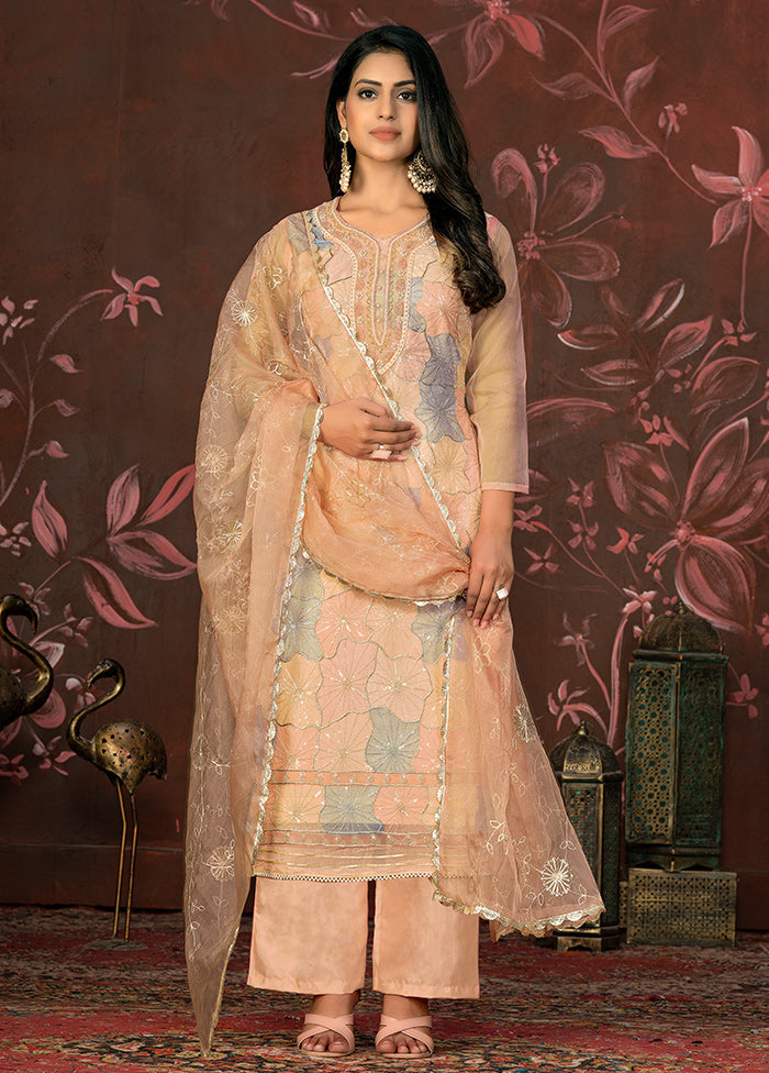 3 Pc Beige Unstitched Net Suit Set - Indian Silk House Agencies