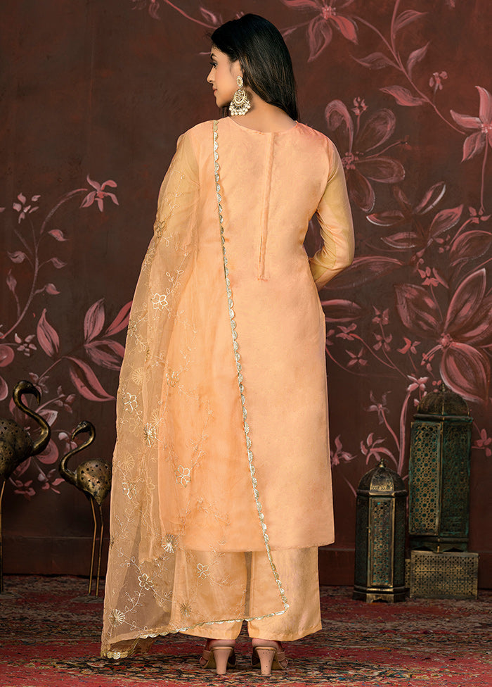 3 Pc Beige Unstitched Net Suit Set - Indian Silk House Agencies