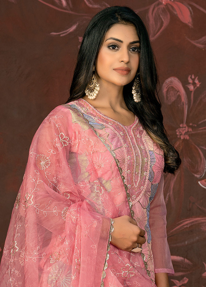 3 Pc Peach Unstitched Net Suit Set - Indian Silk House Agencies