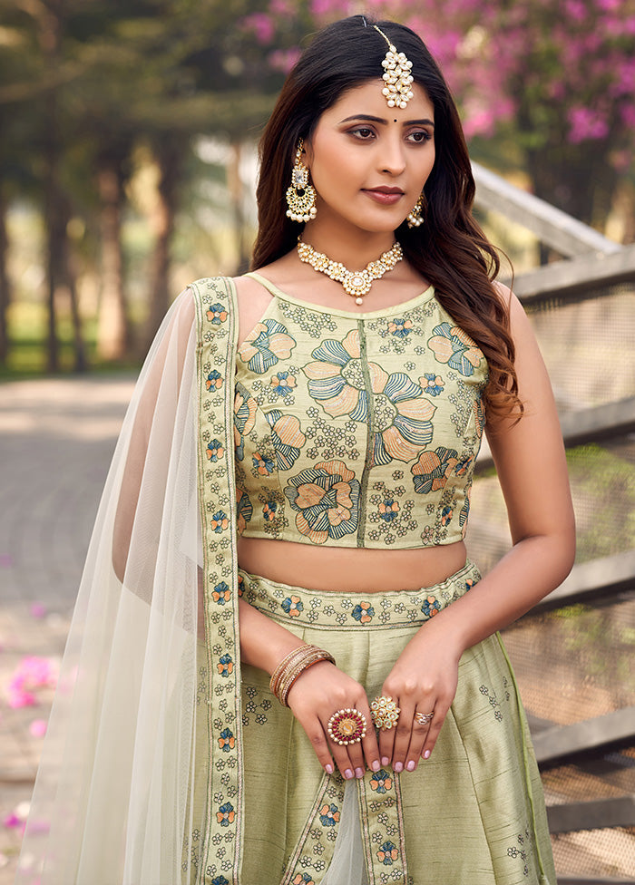 3 Pc Pista Green Silk Readymade Lehenga Set