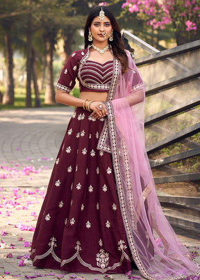 3 Pc Wine Silk Readymade Lehenga Set