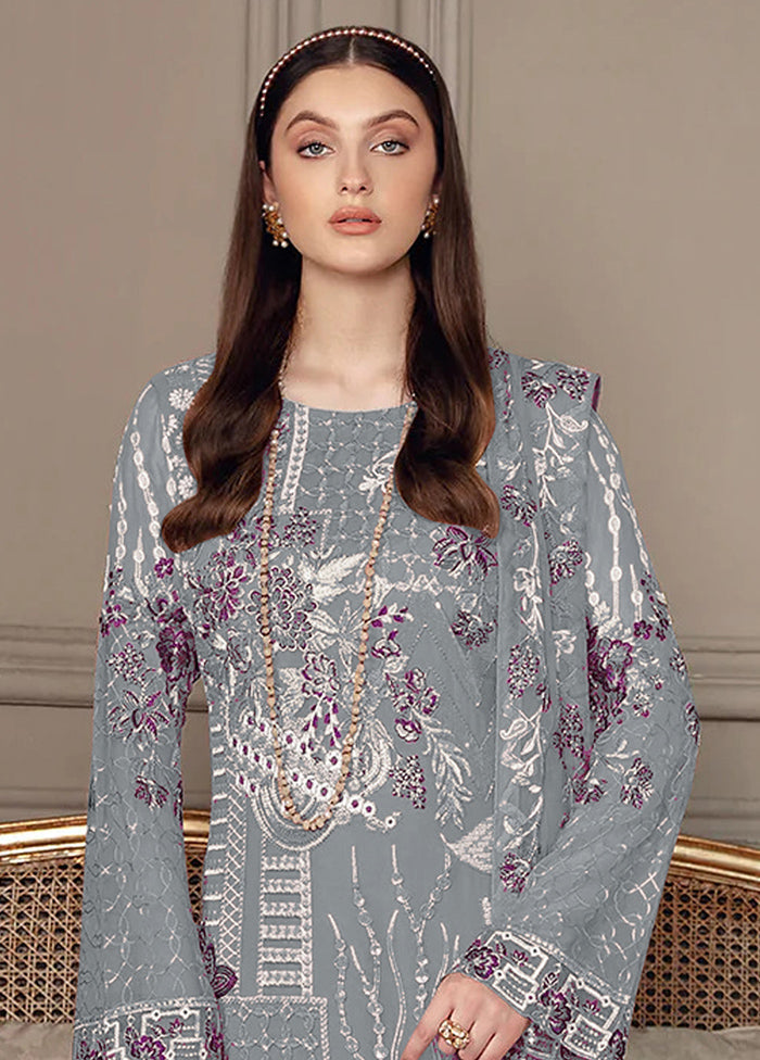 3 Pc Grey Semi Stitched Georgette Suit Set - Indian Silk House Agencies