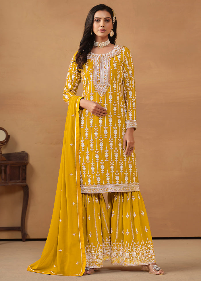 3 Pc Yellow Semi Stitched Georgette Suit Set - Indian Silk House Agencies