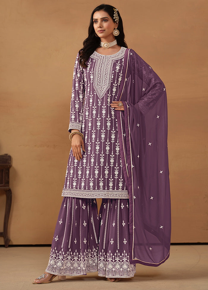 3 Pc Purple Semi Stitched Georgette Suit Set - Indian Silk House Agencies