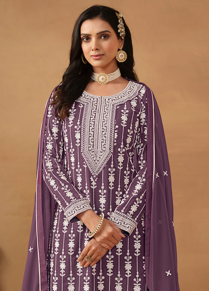 3 Pc Purple Semi Stitched Georgette Suit Set - Indian Silk House Agencies