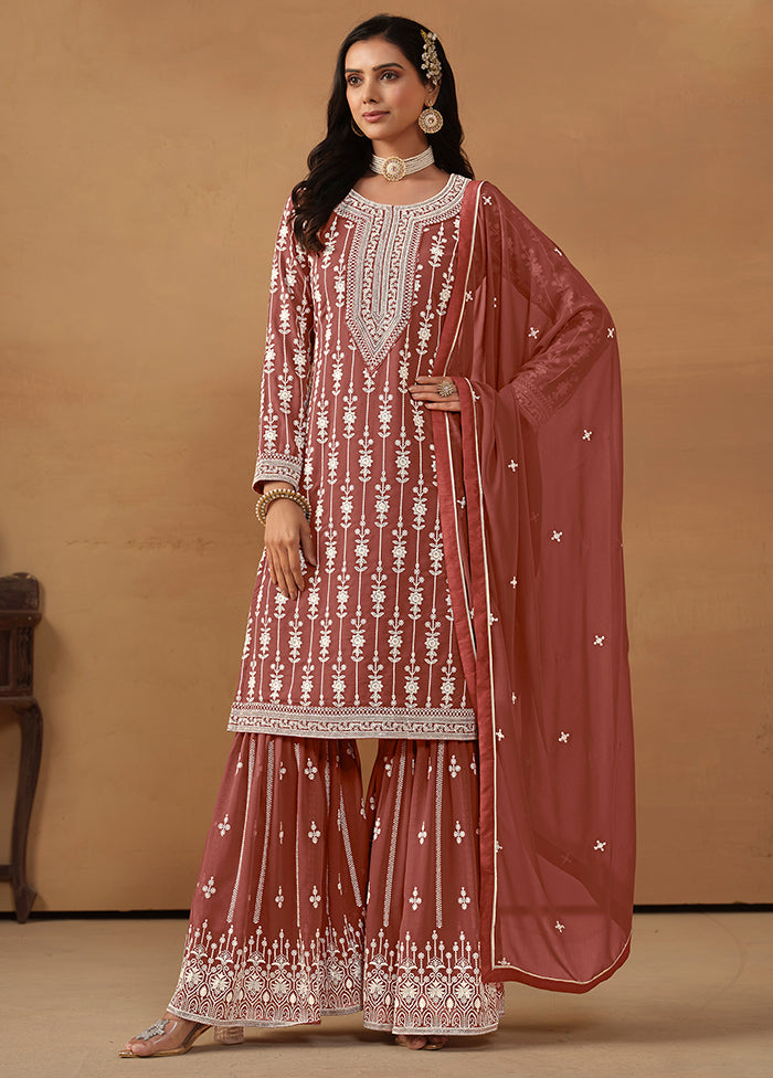 3 Pc Brown Semi Stitched Georgette Suit Set - Indian Silk House Agencies