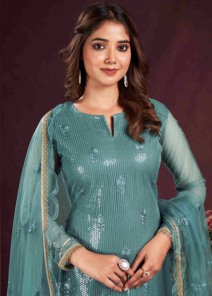 3 Pc Turquoise Semi Stitched Net Suit Set - Indian Silk House Agencies