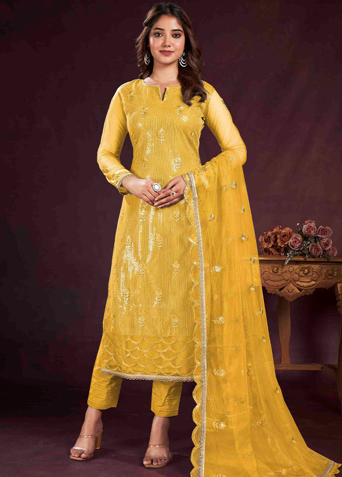 3 Pc Yellow Semi Stitched Net Suit Set - Indian Silk House Agencies