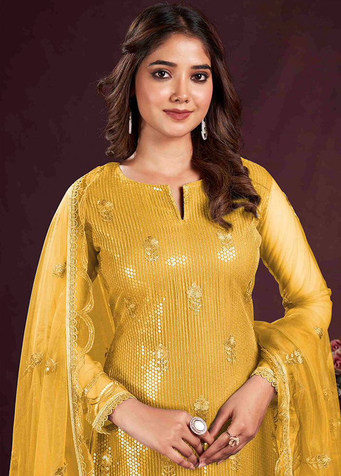 3 Pc Yellow Semi Stitched Net Suit Set - Indian Silk House Agencies