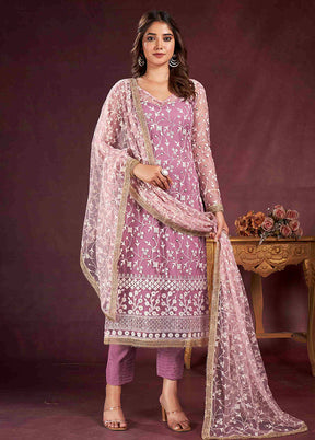 3 Pc Pink Semi Stitched Net Suit Set - Indian Silk House Agencies