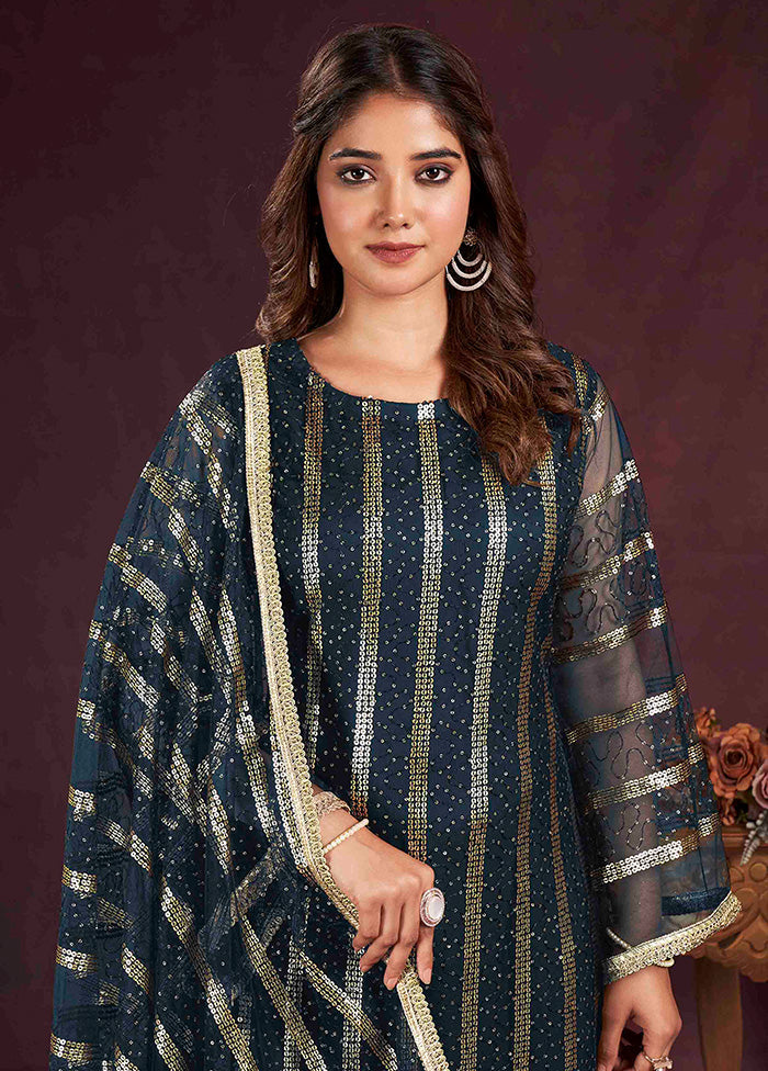 3 Pc Teal Blue Semi Stitched Net Suit Set - Indian Silk House Agencies