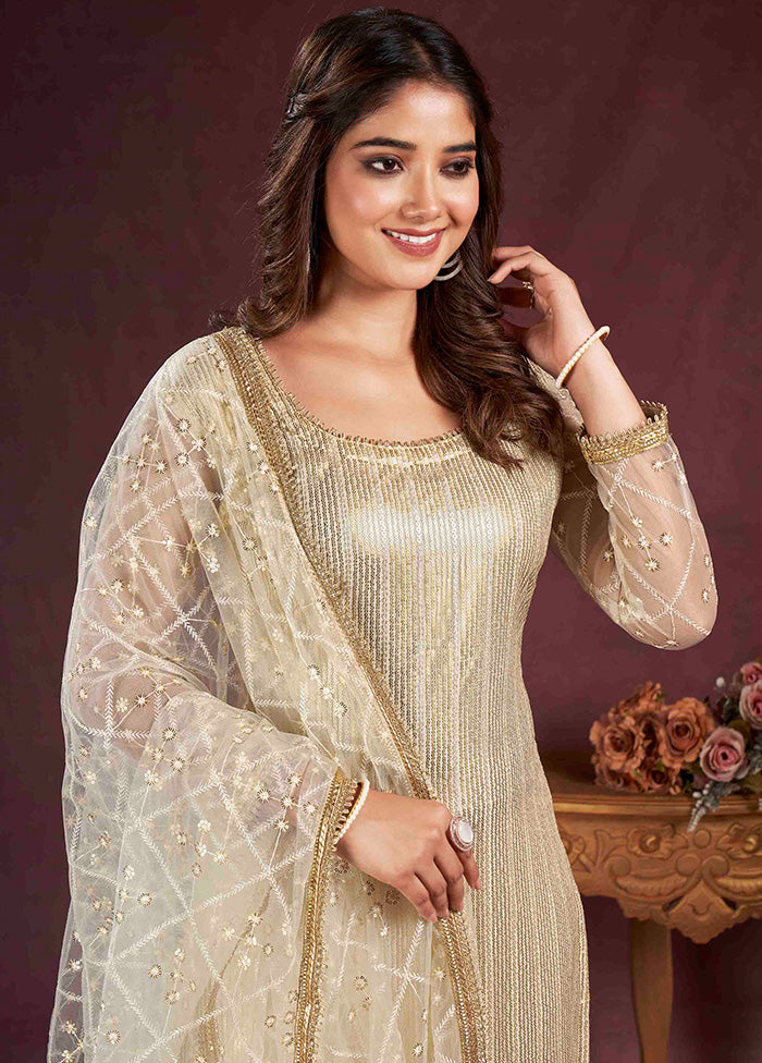 3 Pc White Semi Stitched Net Suit Set - Indian Silk House Agencies