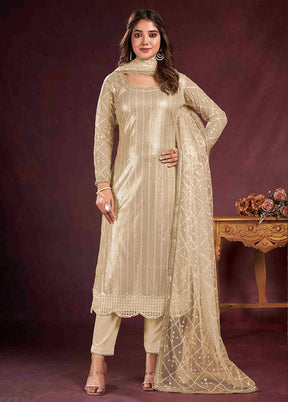 3 Pc Beige Semi Stitched Net Suit Set - Indian Silk House Agencies