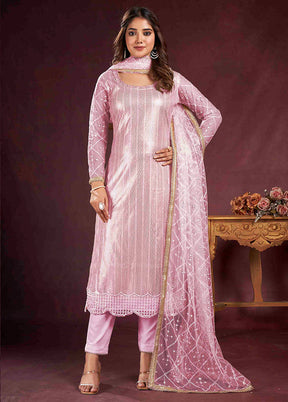 3 Pc Pink Semi Stitched Net Suit Set - Indian Silk House Agencies