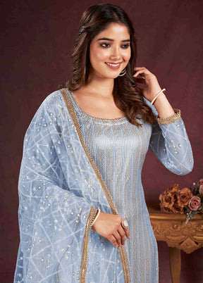 3 Pc Sky Blue Semi Stitched Net Suit Set - Indian Silk House Agencies