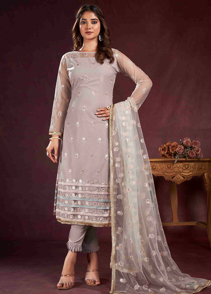 3 Pc Pink Semi Stitched Net Suit Set - Indian Silk House Agencies