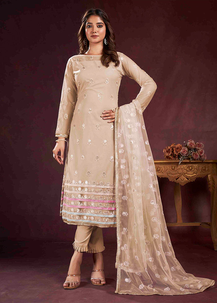 3 Pc Beige Semi Stitched Net Suit Set - Indian Silk House Agencies