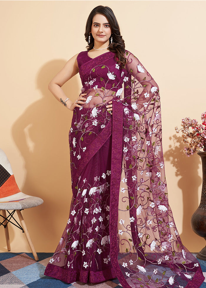 Wine Organza Saree With Blouse Piece - Indian Silk House Agencies