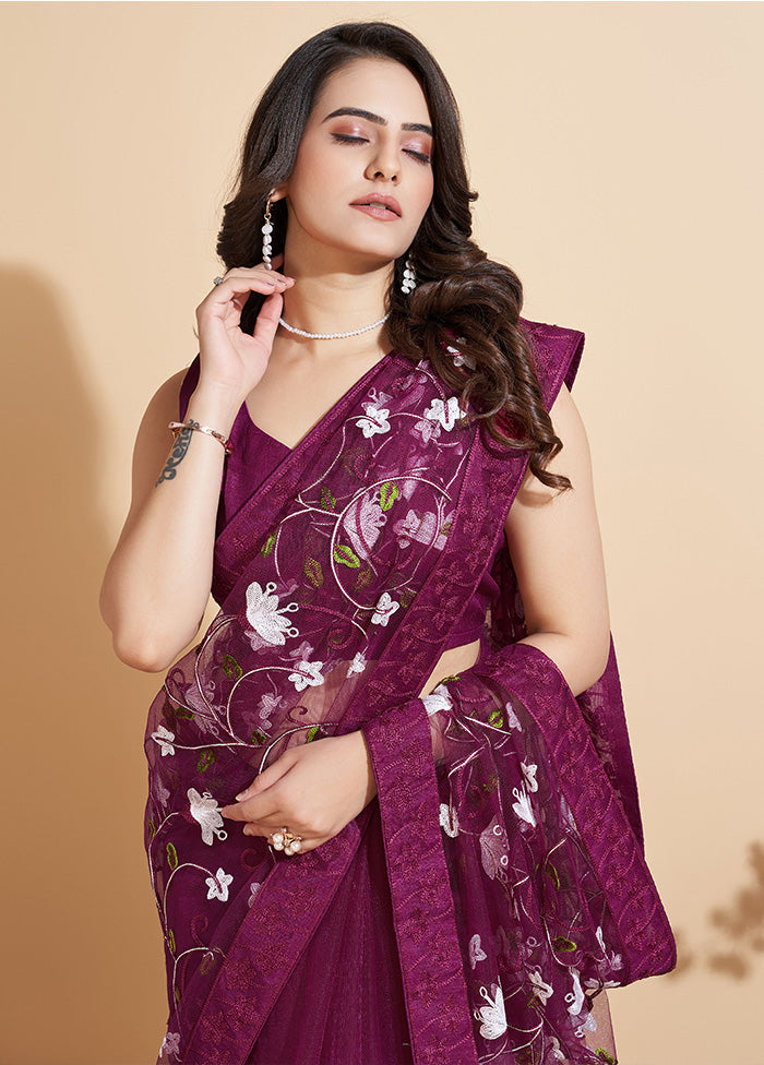 Wine Organza Saree With Blouse Piece - Indian Silk House Agencies