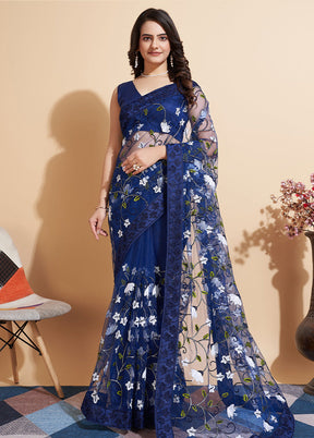 Blue Organza Saree With Blouse Piece - Indian Silk House Agencies