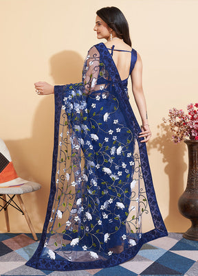 Blue Organza Saree With Blouse Piece - Indian Silk House Agencies