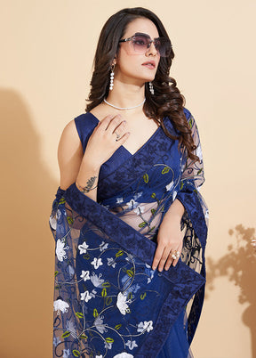 Blue Organza Saree With Blouse Piece - Indian Silk House Agencies