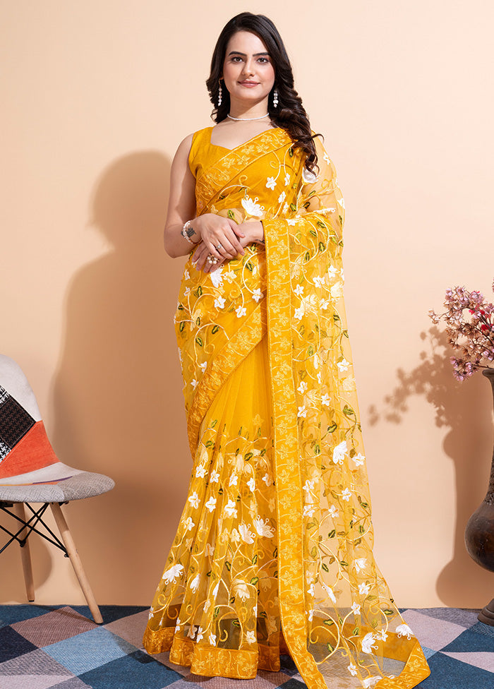 Yellow Organza Saree With Blouse Piece - Indian Silk House Agencies