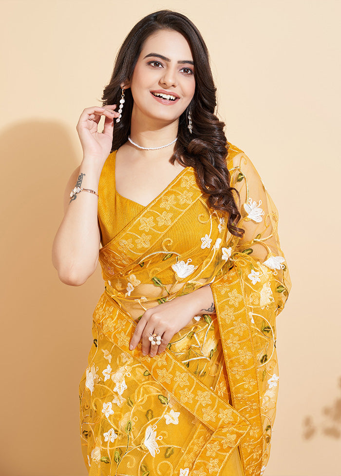 Yellow Organza Saree With Blouse Piece - Indian Silk House Agencies