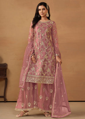 3 Pc Pink Semi Stitched Net Suit Set - Indian Silk House Agencies