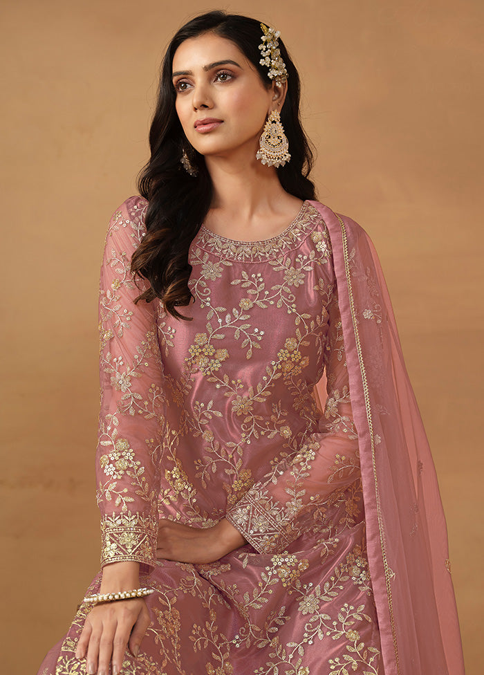 3 Pc Pink Semi Stitched Net Suit Set - Indian Silk House Agencies