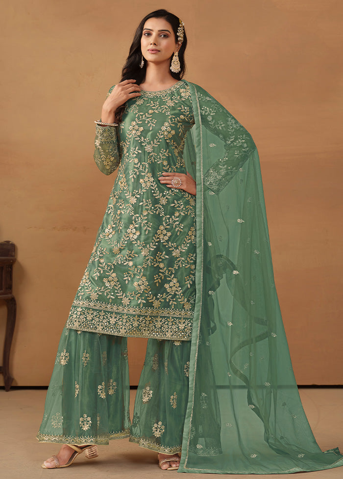 3 Pc Green Semi Stitched Net Suit Set - Indian Silk House Agencies