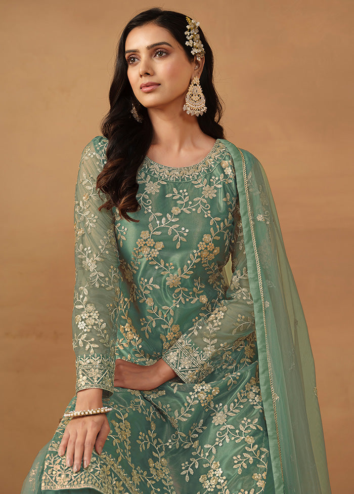 3 Pc Green Semi Stitched Net Suit Set - Indian Silk House Agencies