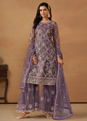 3 Pc Purple Semi Stitched Net Suit Set - Indian Silk House Agencies