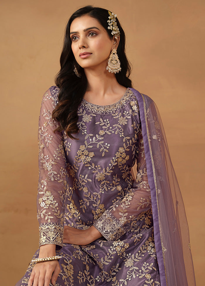 3 Pc Purple Semi Stitched Net Suit Set - Indian Silk House Agencies