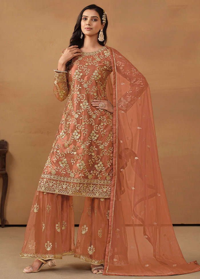 3 Pc Mustard Semi Stitched Net Suit Set - Indian Silk House Agencies